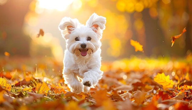 Small white dog joyfully runs through fallen autumn leaves in a park with sunny bokeh background
