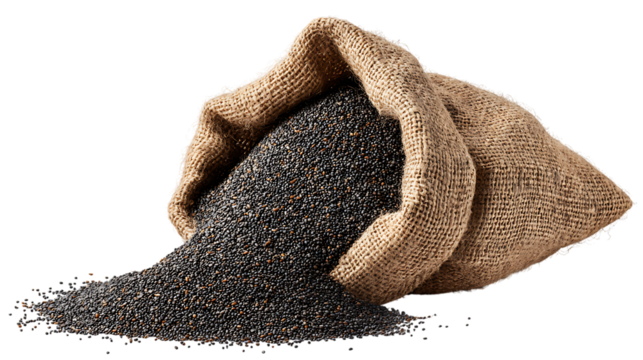 A burlap sack made of coarse jute overflowing with dark mixed grains or seeds, showing rich texture contrast between rough fabric and glossy seeds.