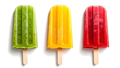 Trio of vibrant fruit popsicles in green, yellow and red, on sticks, angled lighting, casting shadows