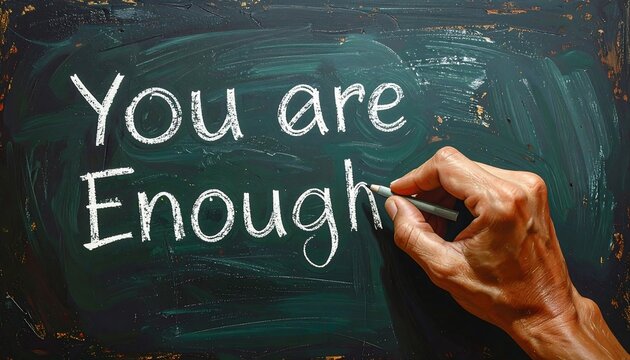 Message "You are Enough" written in white chalk on a dark, worn, chalkboard with a hand holding a chalk