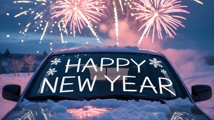 Happy new year message written on snowy car windshield with fireworks display
