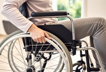 Obraz premium Person in a wheelchair gripping the wheel, symbolizing independence and mobility