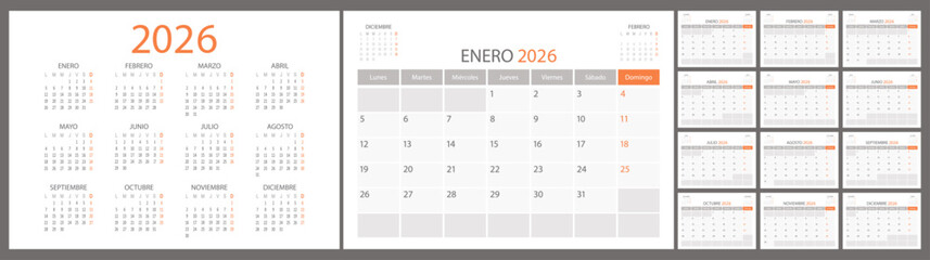 Spanish calendar and planner 2026 year, schedule month calender, organizer template. Week starts on Monday. Business personal page for Spain. Modern simple dairy. Vector illustration