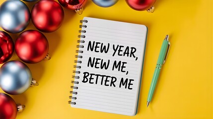 New year new me better me notebook with festive ornaments and pen on a bright background