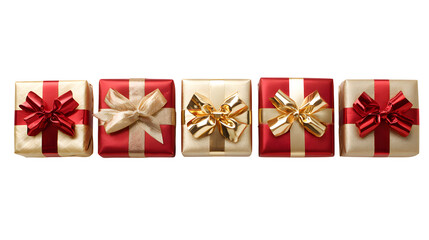 A neat, horizontal row of five perfectly wrapped Christmas gifts, alternating between glossy red and matte gold paper, each with a matching bow. Symmetrical studio shot, isolated on white background.