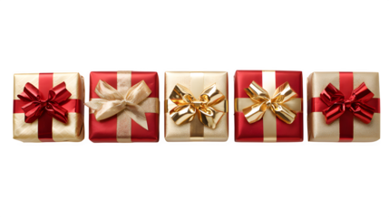A neat, horizontal row of five perfectly wrapped Christmas gifts, alternating between glossy red and matte gold paper, each with a matching bow. Symmetrical studio shot, isolated on white background.