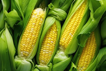 Ripe corn cobs nestled in their vibrant green husks, capturing the essence of a fresh harvest