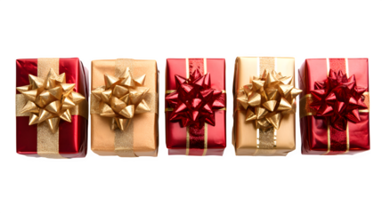 A neat, horizontal row of five perfectly wrapped Christmas gifts, alternating between glossy red and matte gold paper, each with a matching bow. Symmetrical studio shot, isolated on white background.