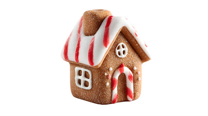 A photorealistic close-up of a gingerbread house cookie, with a tiny red candy cane as a chimney. Whimsical and festive, isolated on white background.