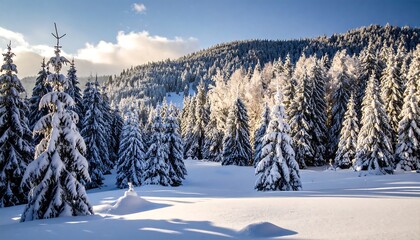 Obraz premium Snow-laden evergreen trees stand in a field covered in deep snow, against a backdrop of sunlit, snow-covered hills