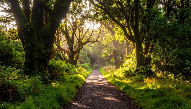 Sun shines down a path through a verdant forest, with trees lining the way, creating a tunnel of green