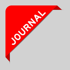 Red color of corner label banner with word journal on gray background