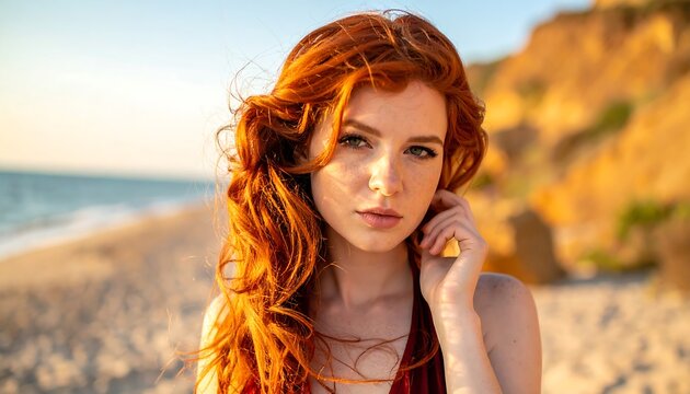 Portrait of a woman with red hair on a beach during golden hour, near a cliff overlooking the water