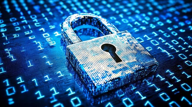 Exploring cyber security concepts through a visual of a padlock and binary elements.