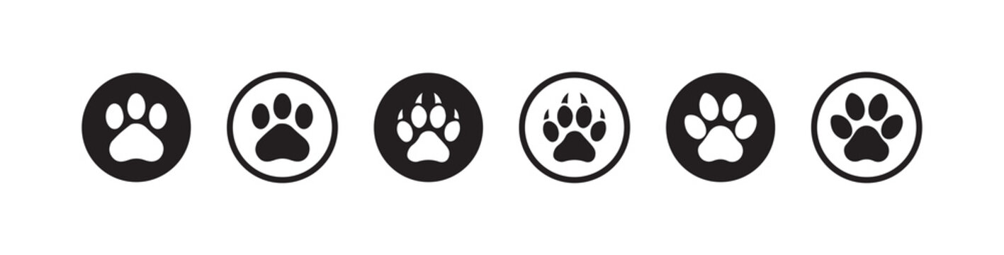 Paw icon set, Cat or dog paw icon silhouette, Paw icon logo vector set, Graphic design elements, Vector illustration EPS 10.