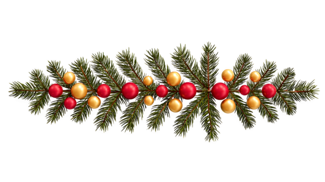 A photorealistic fir branch, perfectly symmetrical, with evenly spaced red and gold balls. Clean product shot, studio lighting, isolated on white background.