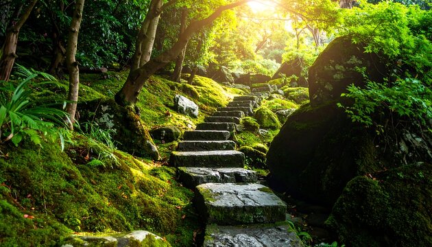 Stone steps ascend into a sunlit lush green forest, moss covering everything