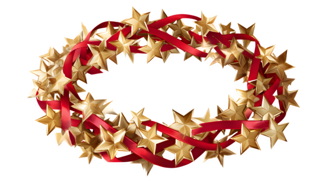 A vector illustration of a Christmas wreath made of intertwined golden stars and red ribbons. Luxurious and modern graphic, EPS 10 style, isolated on white background.