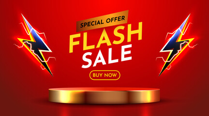 Vibrant Flash Sale Banner with Podium and Lightning Bolts.
