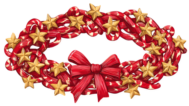 A vector illustration of a Christmas wreath made of intertwined red candy canes and golden stars, with a central red bow. Whimsical and playful graphic, EPS 10 style, isolated on white background.