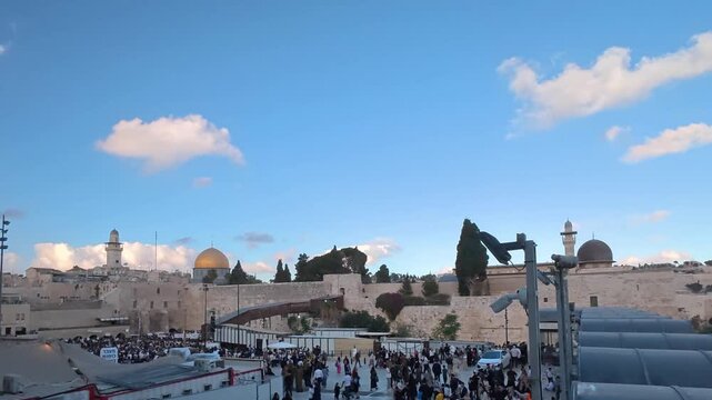 Panoramic timelapse view of the Western Wall Plaza with Dome of the Rock in Jerusalem.