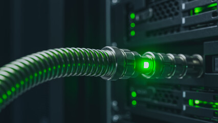 A green cable transmitting data within a server room, symbolizing the intricate network infrastructure that powers the digital world.