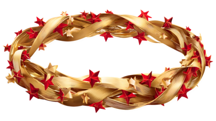A vector illustration of a Christmas wreath made of intertwined golden ribbons and red stars. Luxurious and modern graphic, EPS 10 style, isolated on white background.