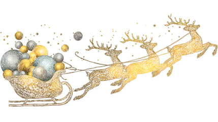 A vector illustration of Santa's sleigh, filled with Christmas ornaments, being pulled by reindeer made of golden line art. Mixed media graphic, EPS 10 style, isolated on white background.
