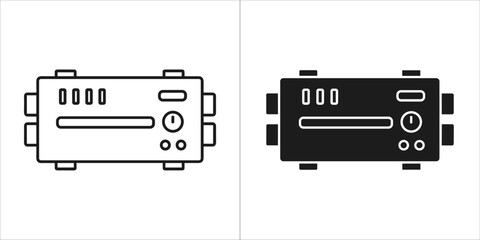 Two icons of an electronic device with controls and ports, one outline and one solid black