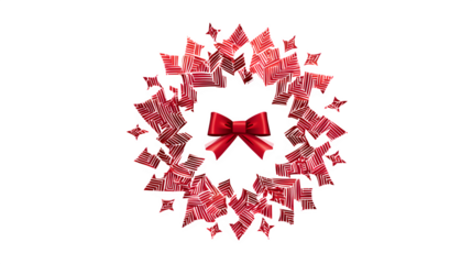 A vector illustration of a Christmas wreath made of intertwined arrows and stars, with a central red bow. Geometric and modern graphic, EPS 10 style, isolated on white background.