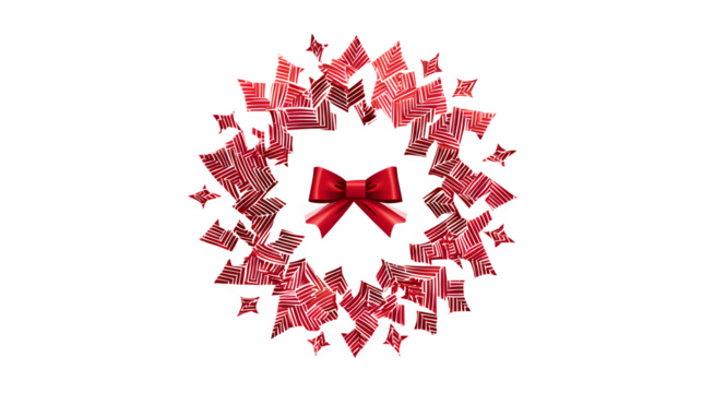 A vector illustration of a Christmas wreath made of intertwined arrows and stars, with a central red bow. Geometric and modern graphic, EPS 10 style, isolated on white background.