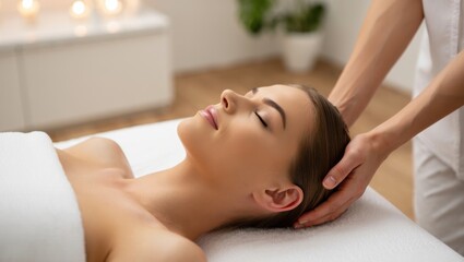 Obraz premium Woman receiving a relaxing head massage in a serene spa environment