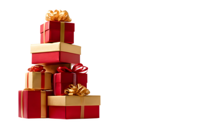A vertical stack of red and gold Christmas gifts, each tied with a contrasting ribbon, creating a towering display. High-end product photography, clean lighting, isolated on white background.