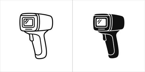Two icons of a thermometer gun, one outline and one solid