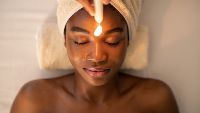 Woman receiving a soothing facial treatment with a warm light therapy