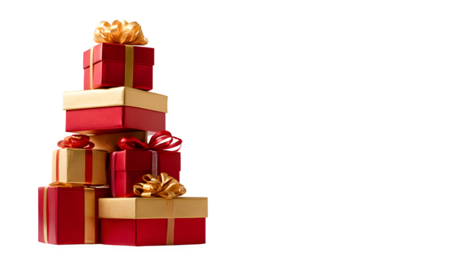 A vertical stack of red and gold Christmas gifts, each tied with a contrasting ribbon, creating a towering display. High-end product photography, clean lighting, isolated on white background.