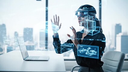 Woman in AR headset interacting with holographic interface in modern office, futuristic business technology. - Powered by Adobe