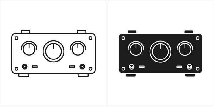 Two icons of an audio amplifier with knobs and buttons, one in outline and one in solid black