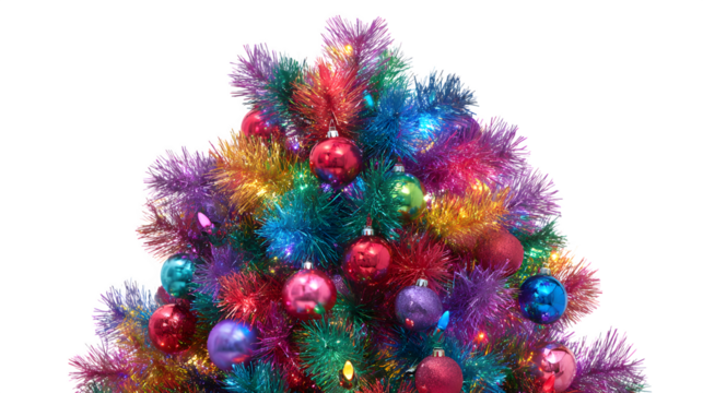 A vibrant Christmas tree, bursting with mismatched, brightly colored plastic baubles, chunky tinsel, and blinking multi-colored lights