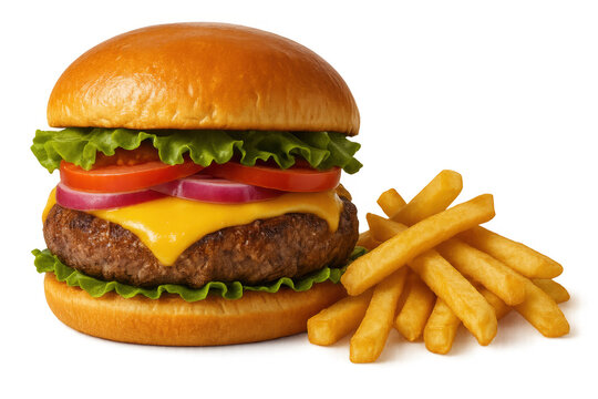 Cheeseburger and french fries creating a classic fast food meal, representing quick service dining and indulgence isolated on transparent