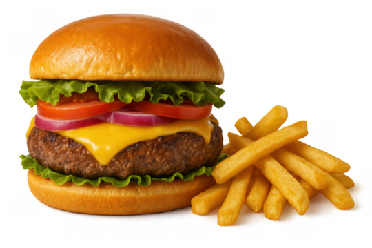 Cheeseburger and french fries creating a classic fast food meal, representing quick service dining and indulgence isolated on transparent