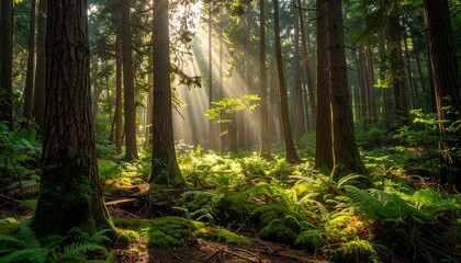 Obraz premium Sunlit forest with tall trees, mossy ground, & ferns. Light rays pierce the canopy, creating a serene atmosphere