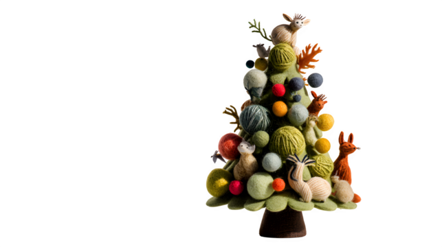 A whimsical Christmas tree, adorned with homemade felt animal ornaments, yarn pom-poms, and strings of popcorn, casting soft, playful shadows. Artisan craft style