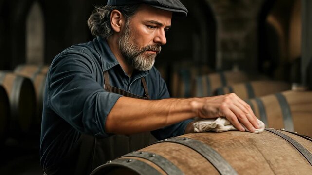 Winemaker Carefully Cleans Barrels in a Rustic Cellar, Emphasizing Craftsmanship and Tradition With Shallow Depth Of Field