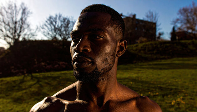 African male adult in sunlit park with dramatic shadow and autumn background - Powered by Adobe
