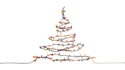 An abstract Christmas tree shape created by a string of colourful fairy lights, against a clean background. Vibrant and modern, photorealistic glow, isolated on white background.