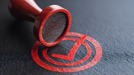 Red rubber stamp imprinting a prominent checkmark symbol on textured dark paper surface