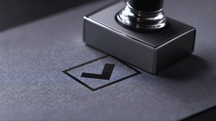 Close-up of a rubber stamp marking a checkmark on a paper document for approval and verification