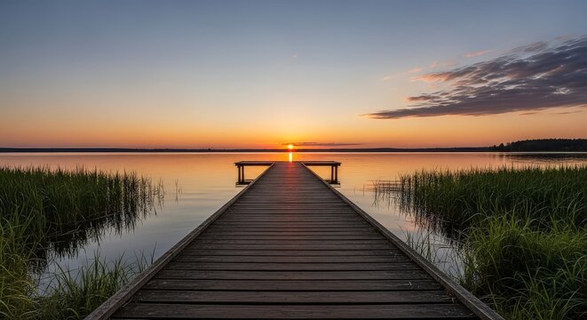 Stunning sunset reflects on calm lake water from wooden pier for peaceful, serene escape vibes