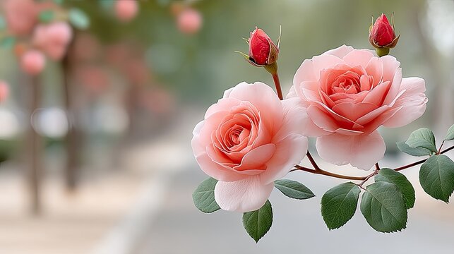 Soft Pink Roses Blooming in Gentle Sunlight With Dew Drops on Petals And Green Leaves Against a Blurred Garden Background